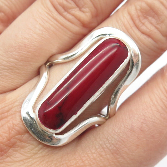 925 Sterling Silver Vintage Real Red Turquoise Gem Statement Ring Size 9.5