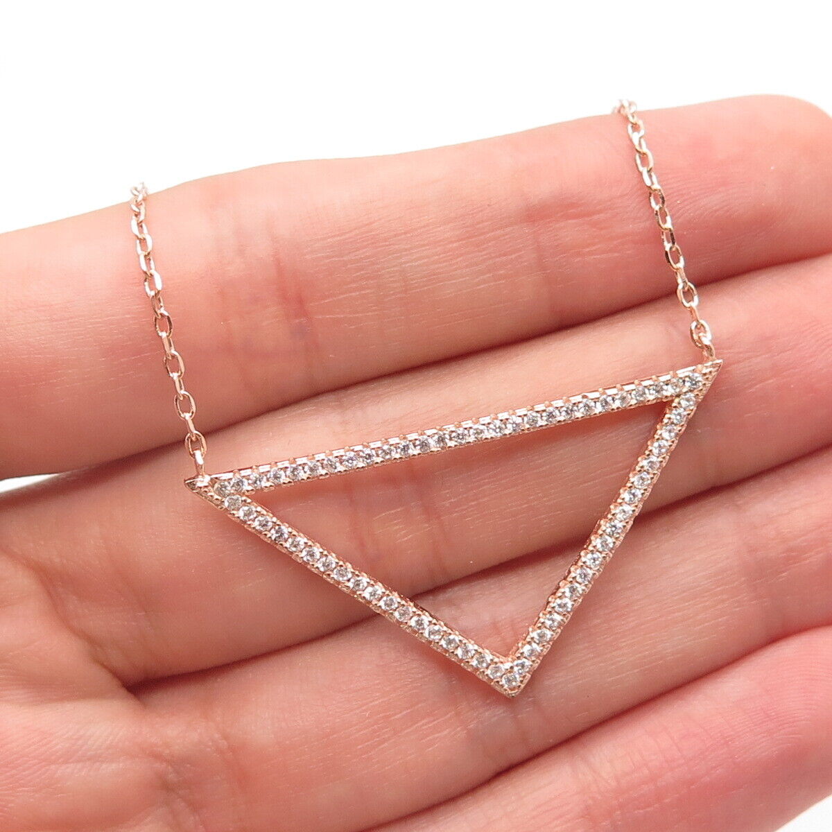 925 Sterling Silver Rose Gold Plated C Z Triangle Shape Cable Chain Necklace 16"