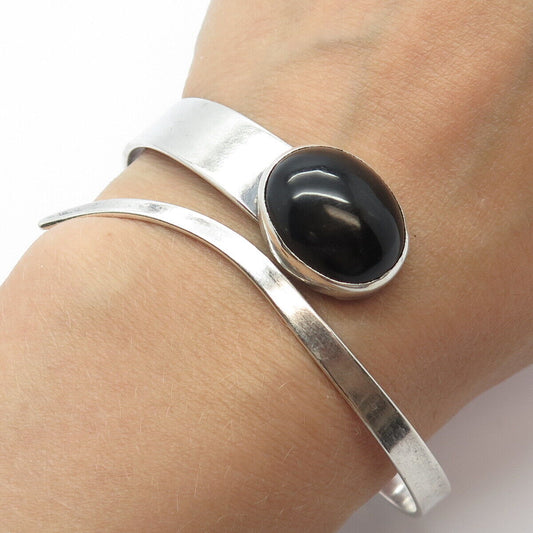 925 Sterling Silver Vintage SARA Real Black Onyx Gemstone Bangle Bracelet 7.5"