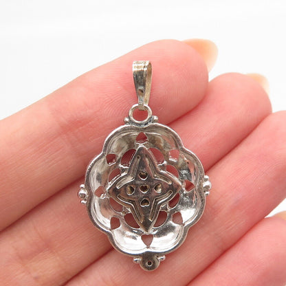 925 Sterling Silver Vintage Real White Topaz Gemstone Ornate Pendant