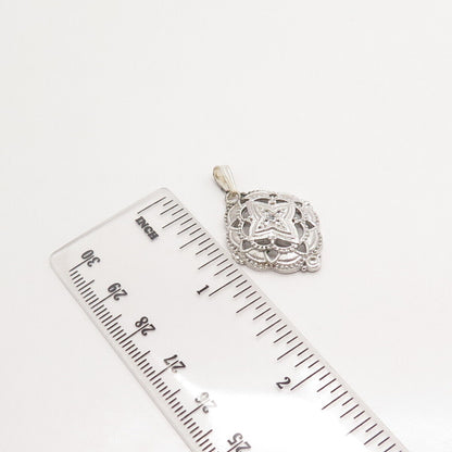 925 Sterling Silver Vintage Real White Topaz Gemstone Ornate Pendant