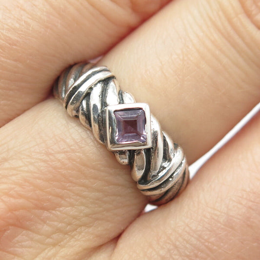 925 Sterling Silver Vintage Real Amethyst Gem Ribbed Band Ring Size 7