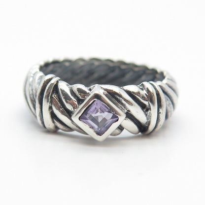 925 Sterling Silver Vintage Real Amethyst Gem Ribbed Band Ring Size 7