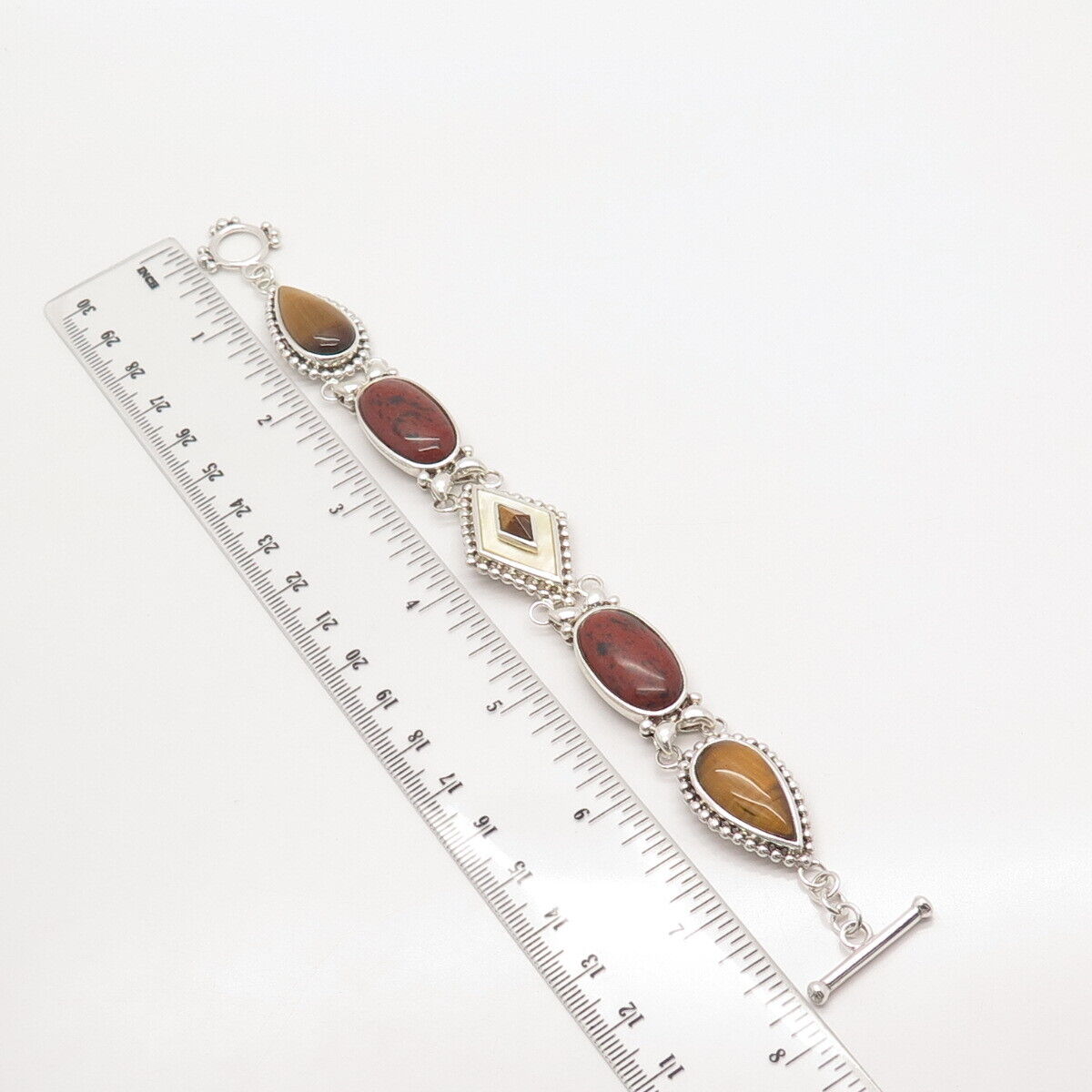 925 Sterling Silver Vintage Whitney Kelly MOP Jasper & Tiger Eye Gem Bracelet 7"