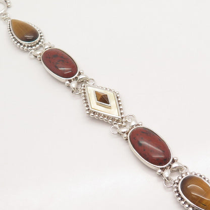 925 Sterling Silver Vintage Whitney Kelly MOP Jasper & Tiger Eye Gem Bracelet 7"