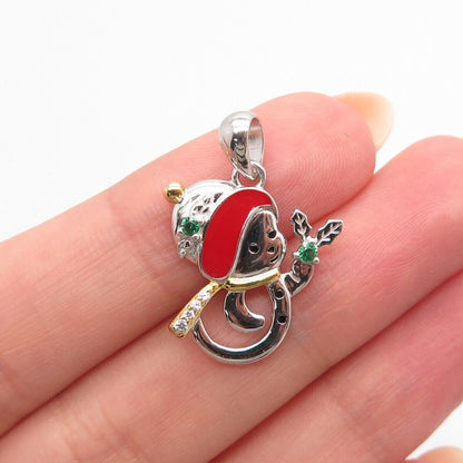 925 Sterling Silver 2-Tone Green C Z & Red Enamel Snowman Pendant