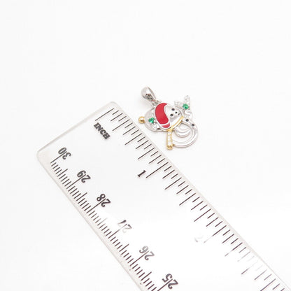 925 Sterling Silver 2-Tone Green C Z & Red Enamel Snowman Pendant