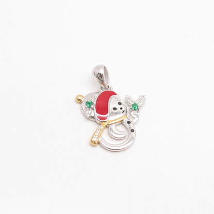 925 Sterling Silver 2-Tone Green C Z & Red Enamel Snowman Pendant