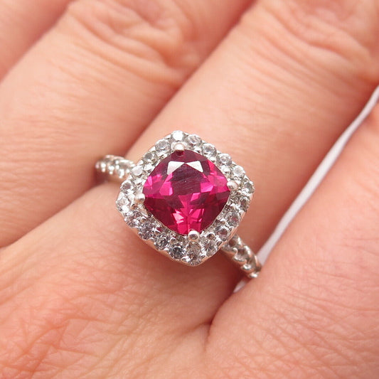 925 Sterling Silver Lab Created Pink & White Sapphire Square Ring Size 7.25