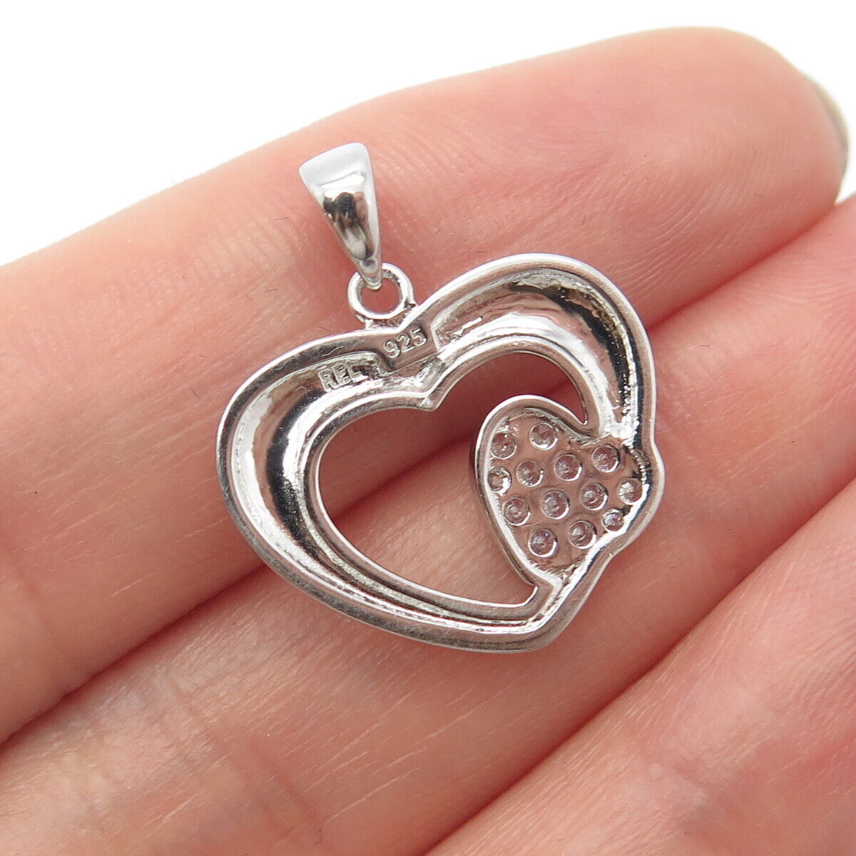 925 Sterling Silver C Z Open Double Heart Charm Pendant