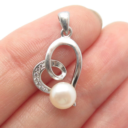 925 Sterling Silver Faux Pearl & C Z Open Heart & Bead Charm Pendant