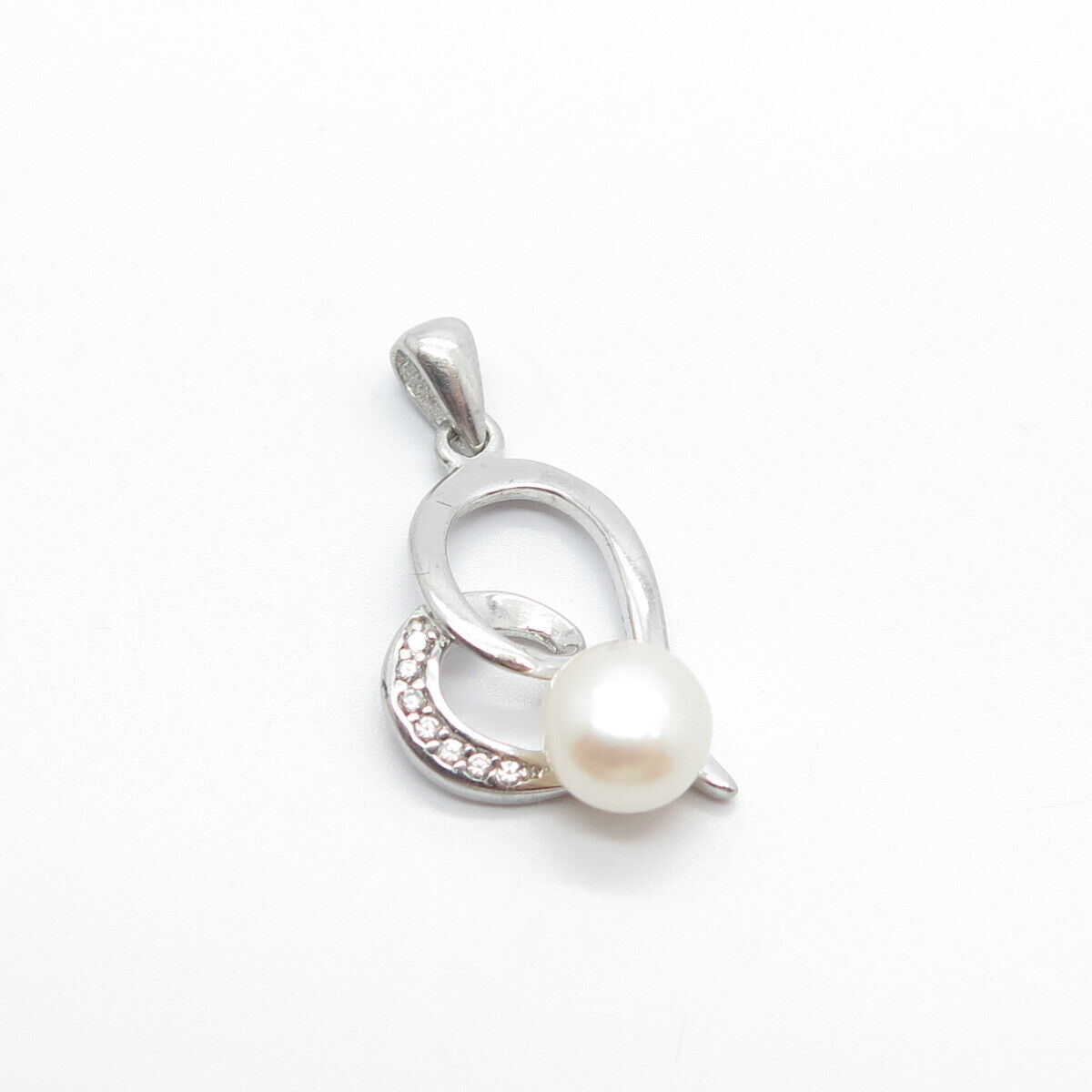 925 Sterling Silver Faux Pearl & C Z Open Heart & Bead Charm Pendant