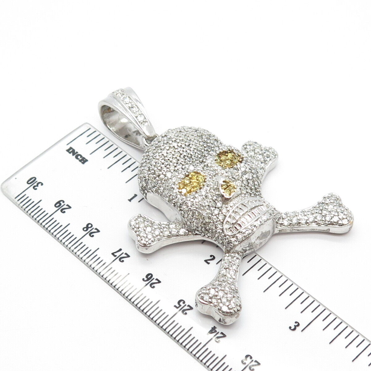 925 Sterling Silver White & Yellow C Z Skull & Bones Pendant