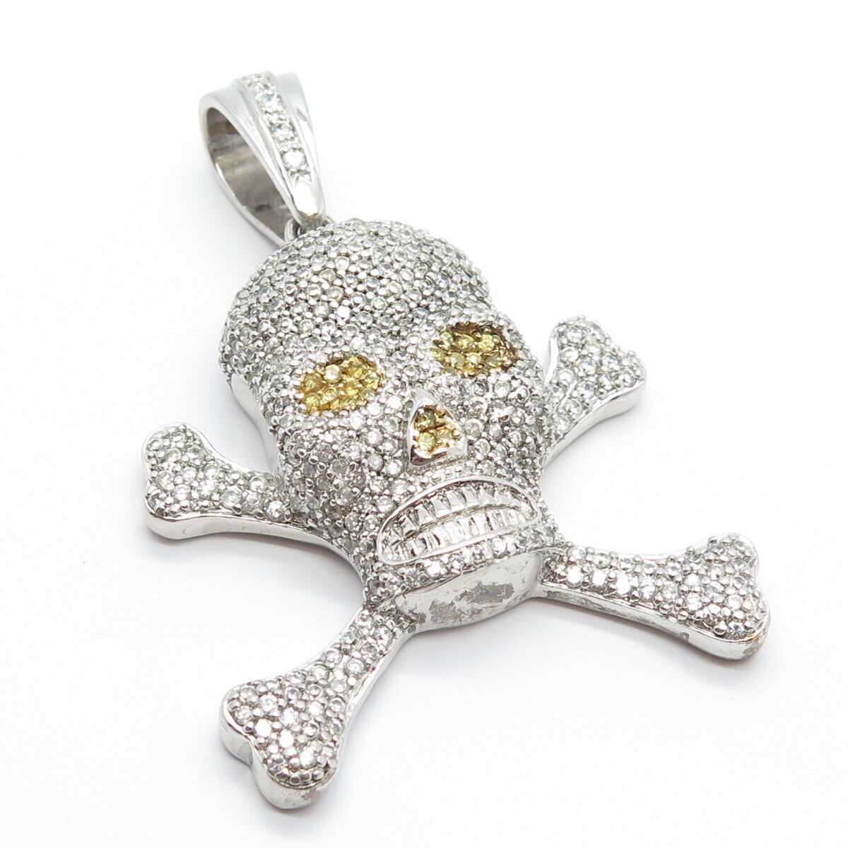 925 Sterling Silver White & Yellow C Z Skull & Bones Pendant