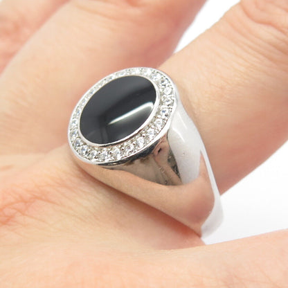 925 Sterling Silver REL Real Black Onyx Gem & C Z Oval Ring Size 11.5