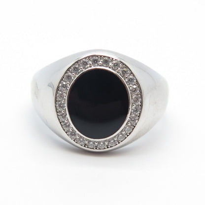 925 Sterling Silver REL Real Black Onyx Gem & C Z Oval Ring Size 11.5