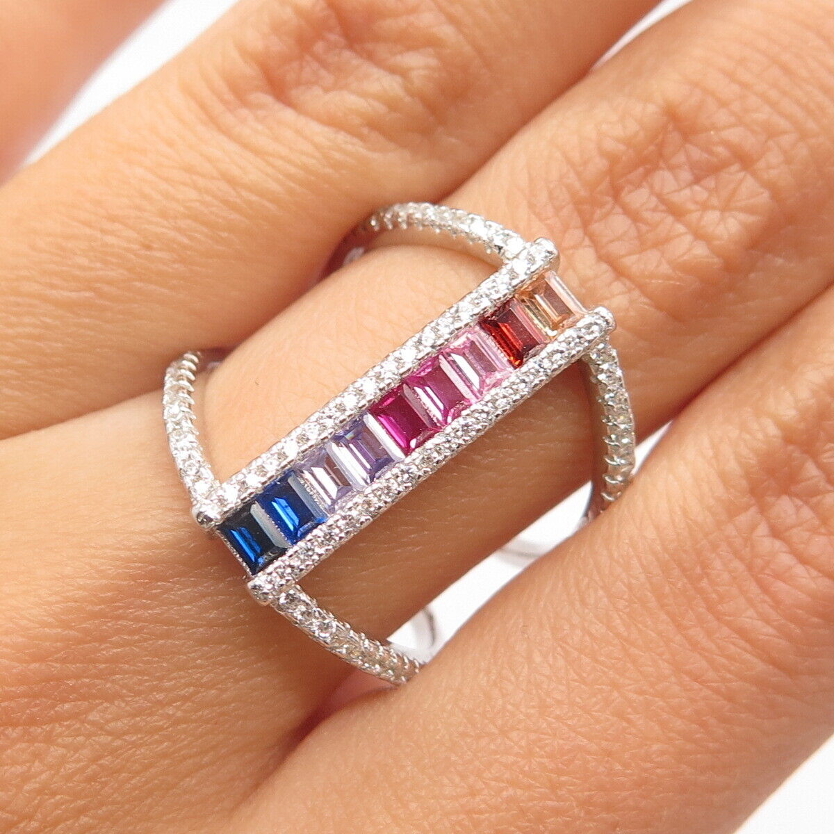 925 Sterling Silver Multi-Color C Z Open Statement Ring Size 7