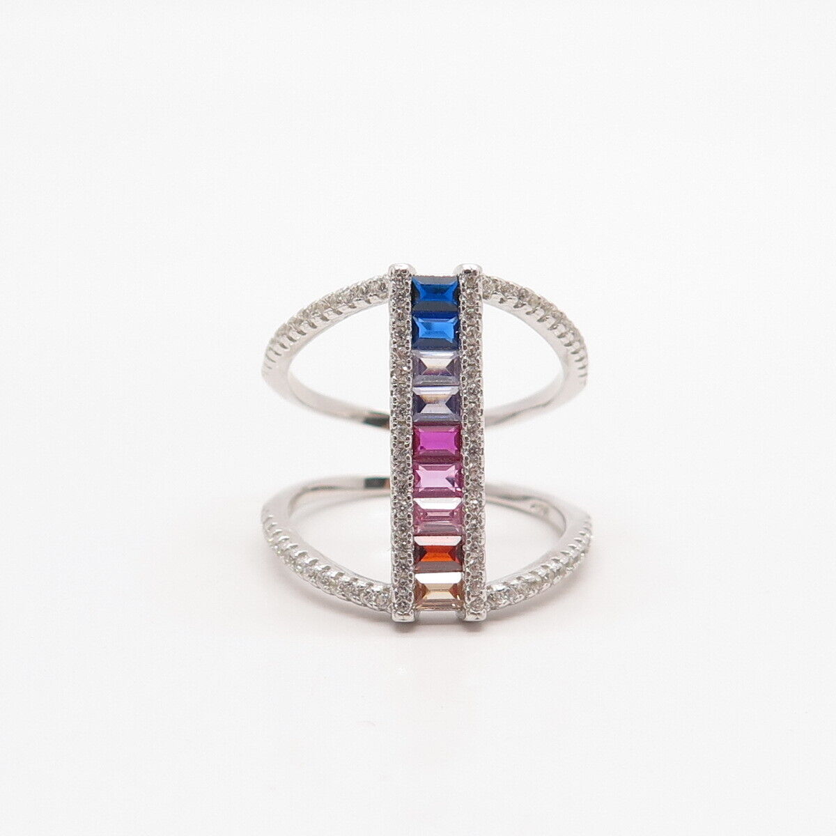 925 Sterling Silver Multi-Color C Z Open Statement Ring Size 7