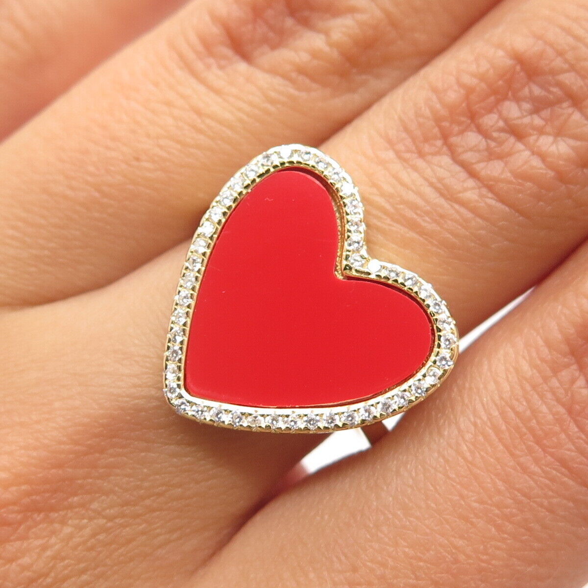 925 Sterling Silver Gold Plated C Z & Faux Coral Heart Ring Size 6.5