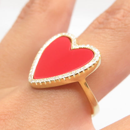 925 Sterling Silver Gold Plated C Z & Faux Coral Heart Ring Size 6.5