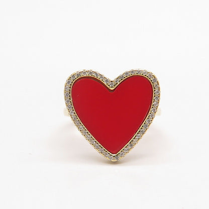 925 Sterling Silver Gold Plated C Z & Faux Coral Heart Ring Size 6.5