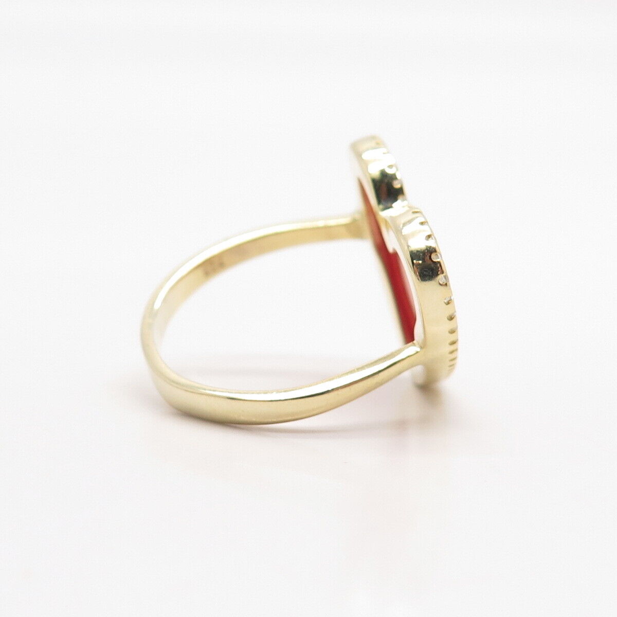 925 Sterling Silver Gold Plated C Z & Faux Coral Heart Ring Size 6.5