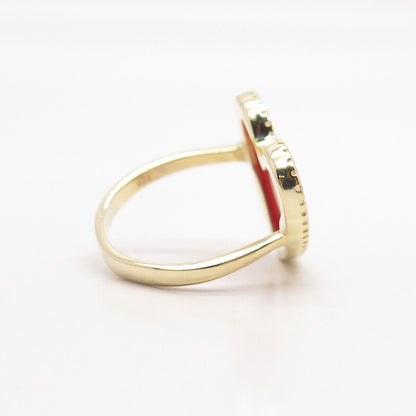 925 Sterling Silver Gold Plated C Z & Faux Coral Heart Ring Size 6.5