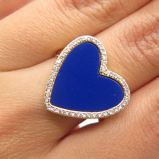 925 Sterling Silver Gold Plated C Z & Faux Lapis Lazuli Heart Ring Size 6.5