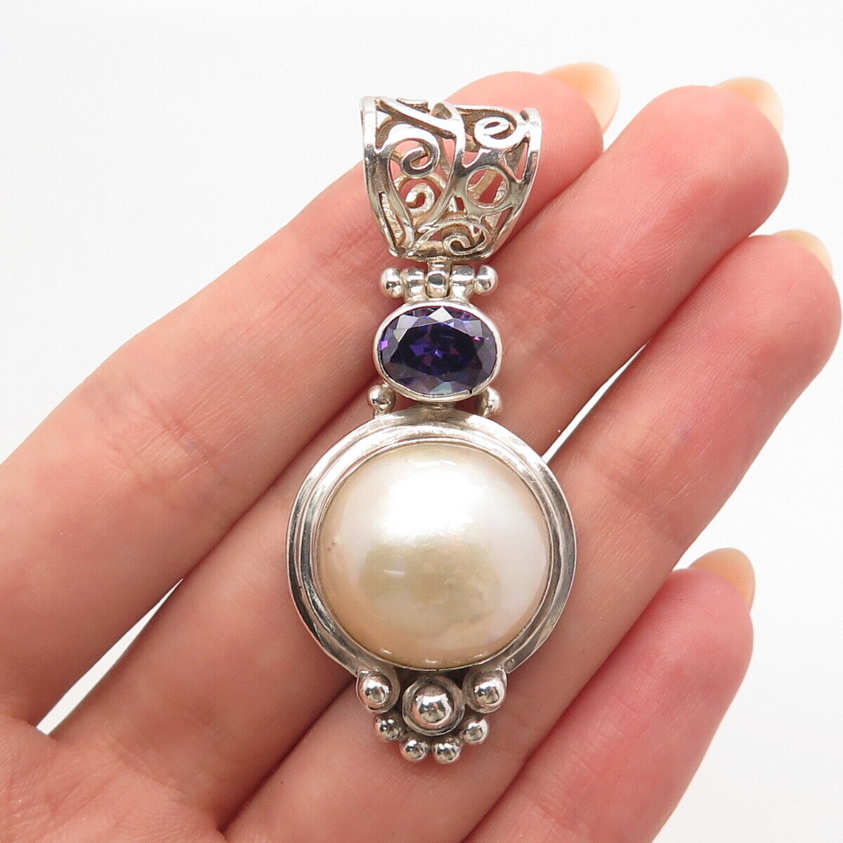 925 Sterling Silver Vintage Real Shell Pearl & Amethyst Gem Beaded Pendant