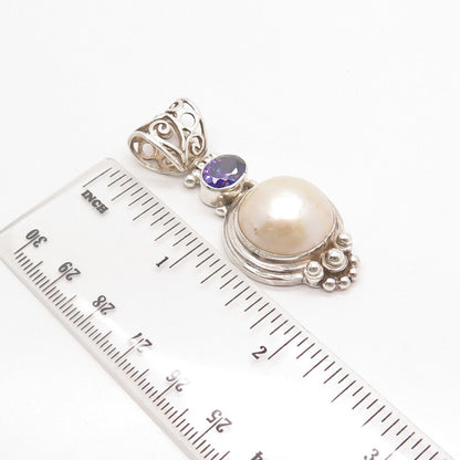 925 Sterling Silver Vintage Real Shell Pearl & Amethyst Gem Beaded Pendant