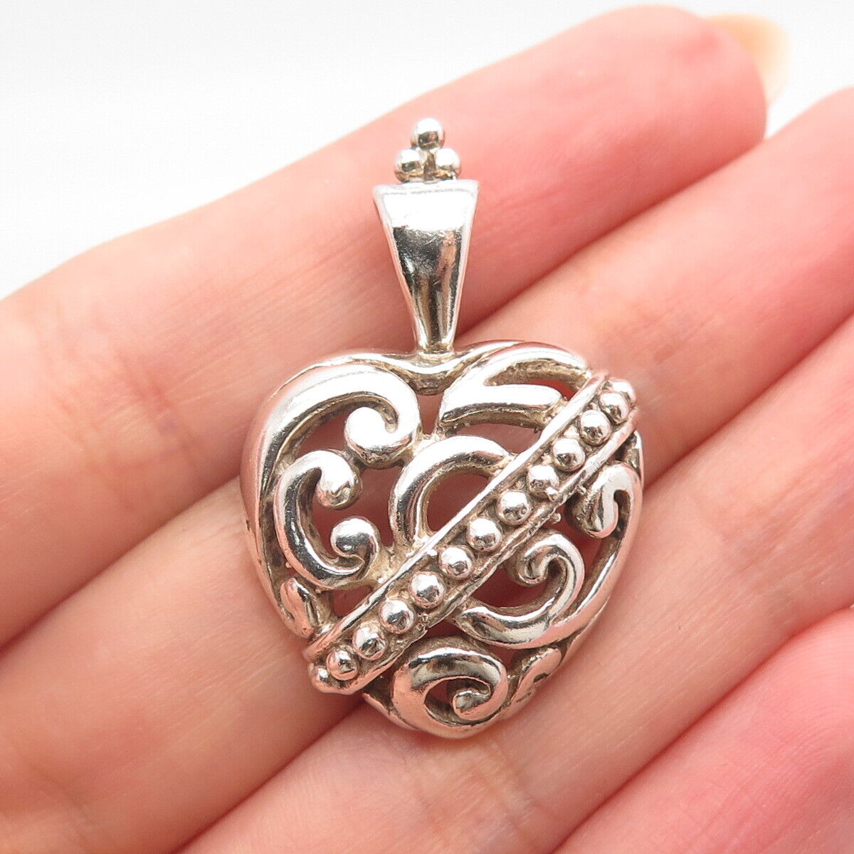 925 Sterling Silver Vintage Mexico Beaded Swirl Heart Pendant