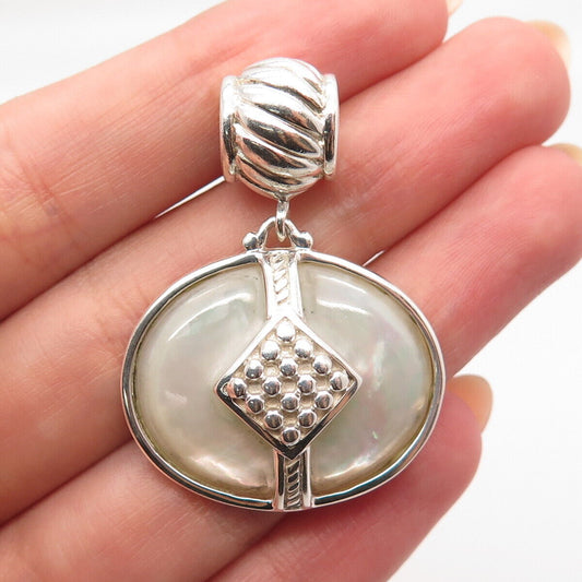 925 Sterling Silver Vintage Real Mother-of-Pearl Beaded Oval Dangling Charm