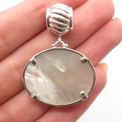 925 Sterling Silver Vintage Real Mother-of-Pearl Beaded Oval Dangling Charm