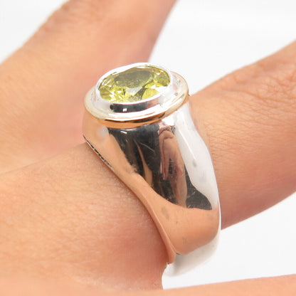 925 Sterling Silver / 14K Gold Vintage Real Peridot Gem Round Ring Size 6.75