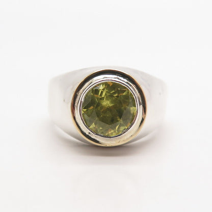 925 Sterling Silver / 14K Gold Vintage Real Peridot Gem Round Ring Size 6.75