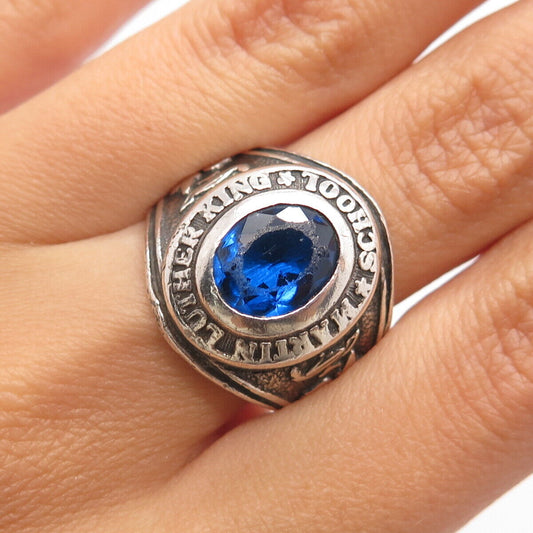 925 Sterling Silver Vintage 1973 Lab-Sapphire Martin L. King School Ring 9.25