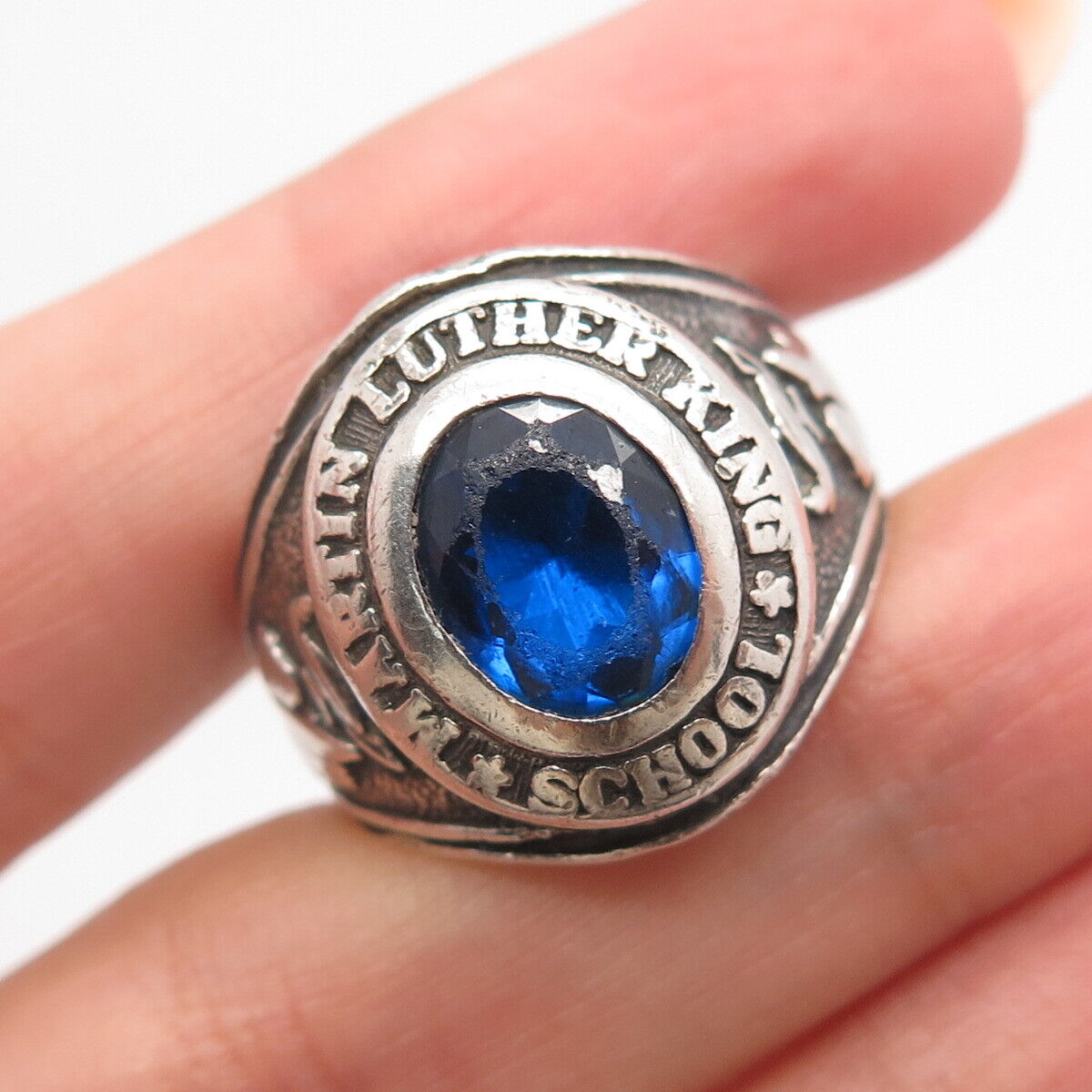 925 Sterling Silver Vintage 1973 Lab-Sapphire Martin L. King School Ring 9.25