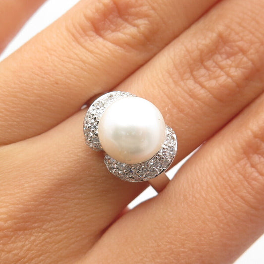 925 Sterling Silver Vintage Faux White Pearl & C Z Ring Size 8