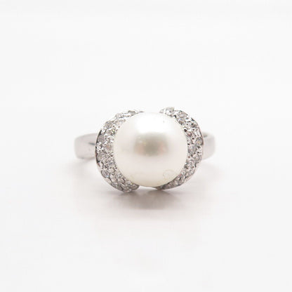 925 Sterling Silver Vintage Faux White Pearl & C Z Ring Size 8