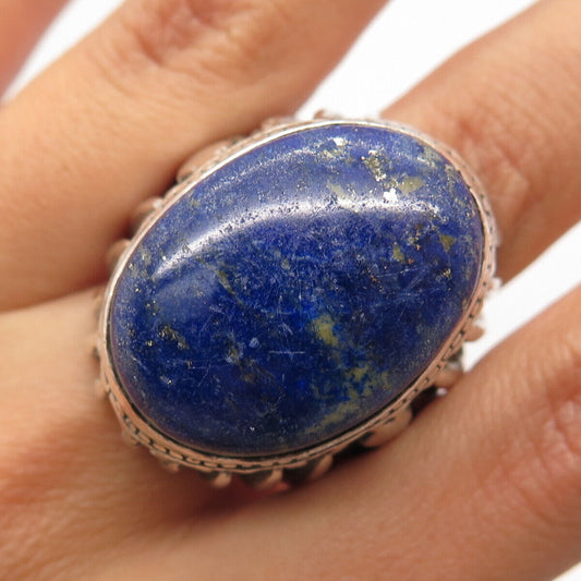 925 Sterling Silver Vintage Real Large Lapis Lazuli Gem Ornate Ring Size 10.25