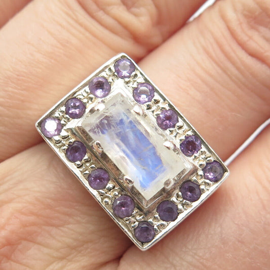 925 Sterling Silver Vintage Real Moonstone & Amethyst Gemstone Ring Size 6.25