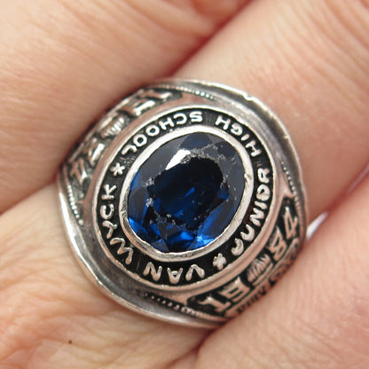 925 Sterling Silver Vintage Reed & Co Lab-Sapphire 1984 Van Wyck School Ring 8.5