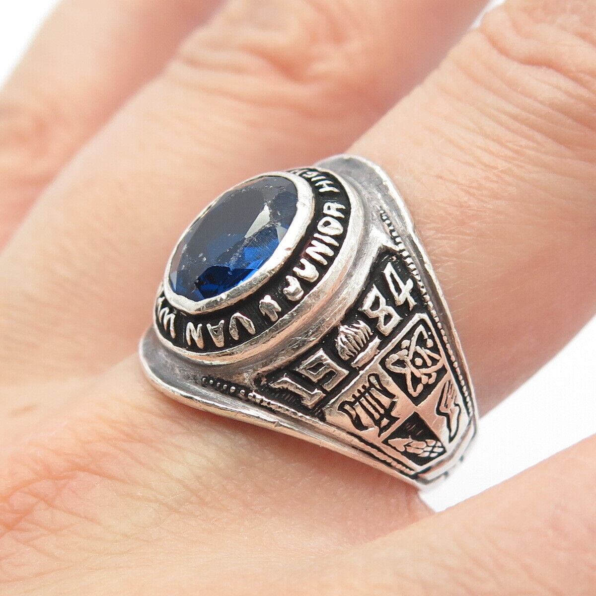 925 Sterling Silver Vintage Reed & Co Lab-Sapphire 1984 Van Wyck School Ring 8.5