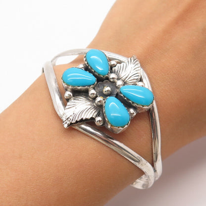 925 Sterling Silver Vintage Turquoise Gem Floral Adjustable Cuff Bracelet 6.25"