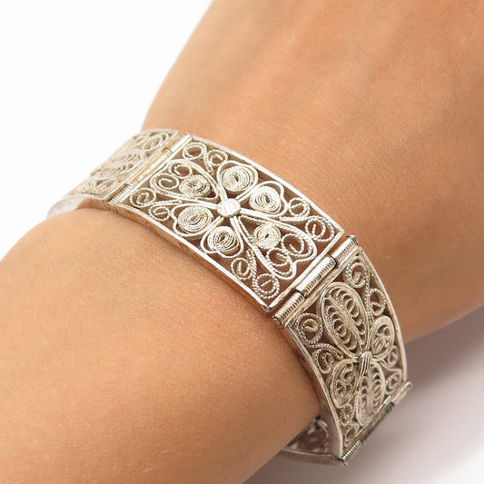 925 Sterling Silver Antique Filigree Pael Link Bracelet 7"