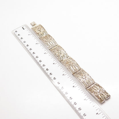 925 Sterling Silver Antique Filigree Pael Link Bracelet 7"