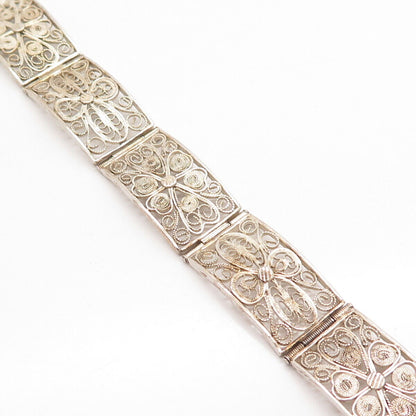 925 Sterling Silver Antique Filigree Pael Link Bracelet 7"