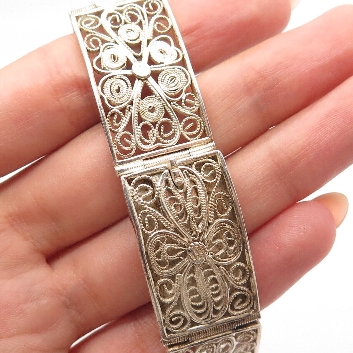 925 Sterling Silver Antique Filigree Pael Link Bracelet 7"