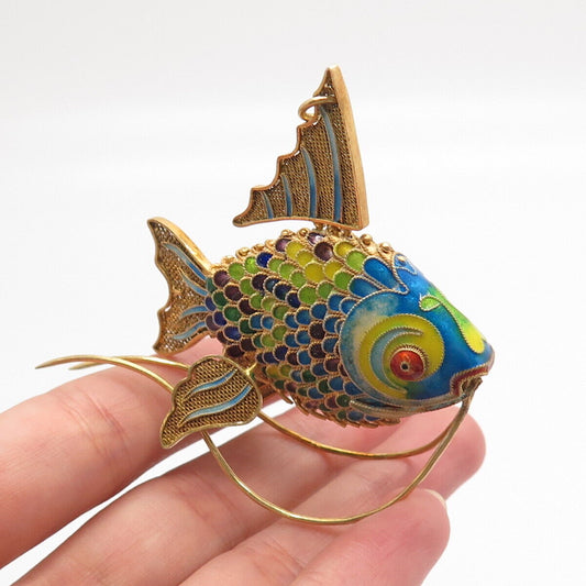 925 Sterling Silver Gold Plated Antique Enamel Chinese Koi Fish Articulated Fob