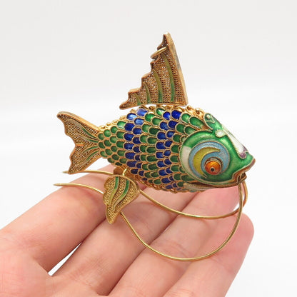 925 Sterling Silver Gold Plated Antique Enamel Articulated Chinese Koi Fish Fob